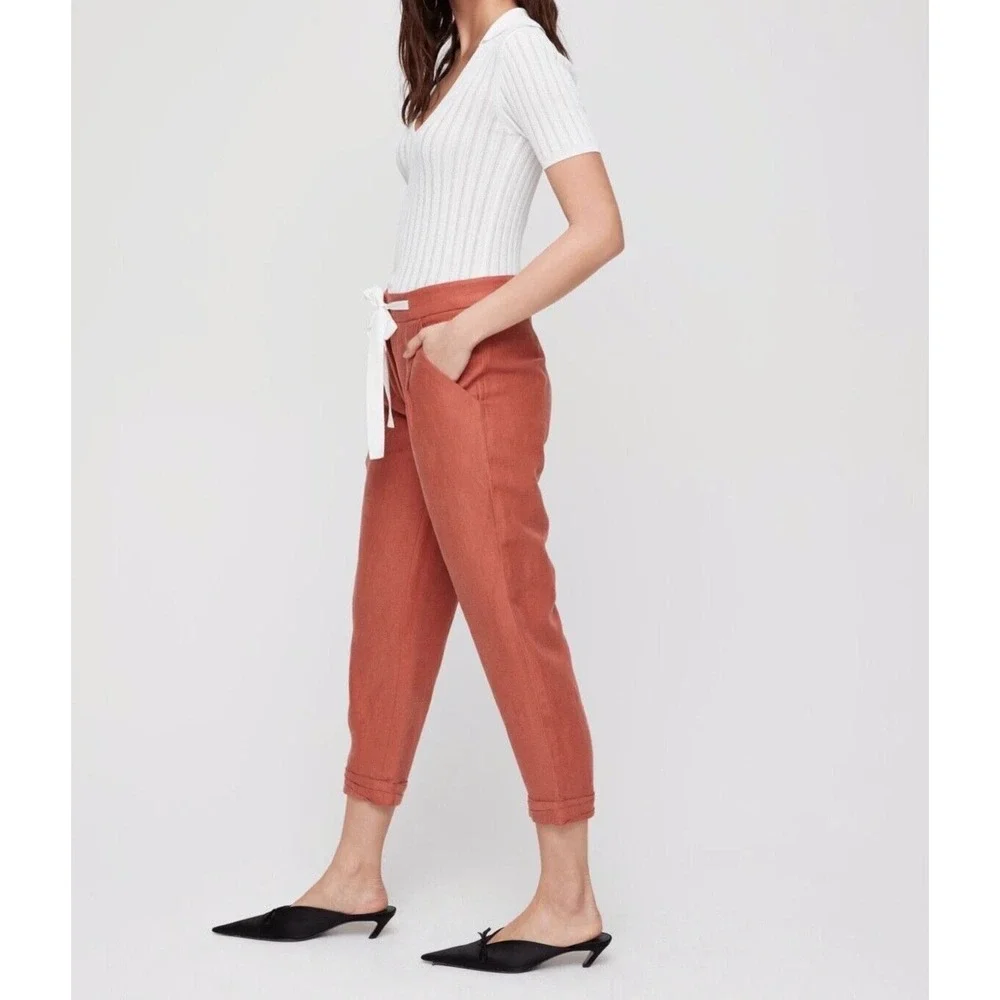 Aritzia Wilfred Allant Cropped Linen Pants Sz 2 Tie Waist Buttons Fly Rust Orang